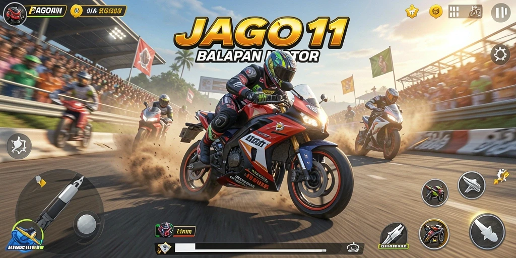Tangkapan layar gameplay JAGO11 dengan balapan motor yang intens.