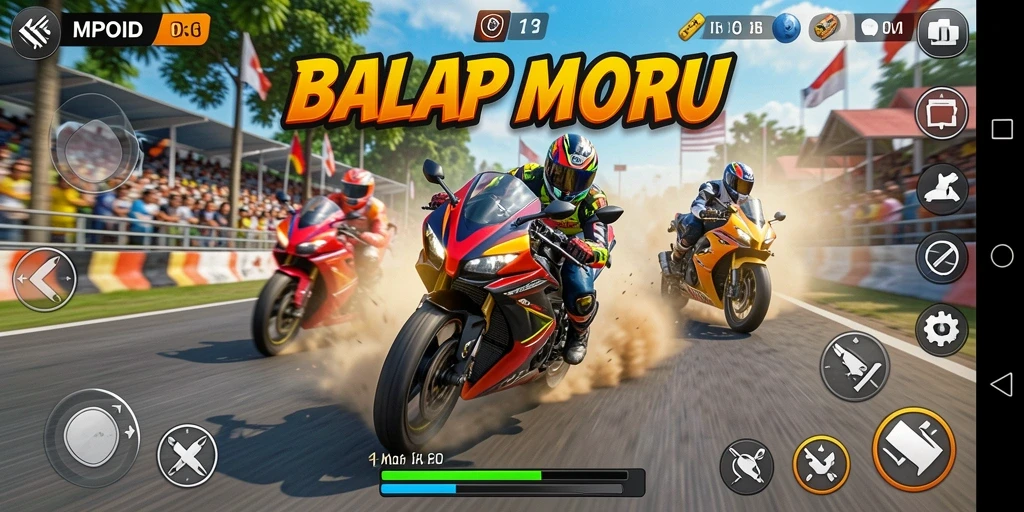 Tangkapan layar MPOID yang menampilkan aksi balap motor yang seru.
