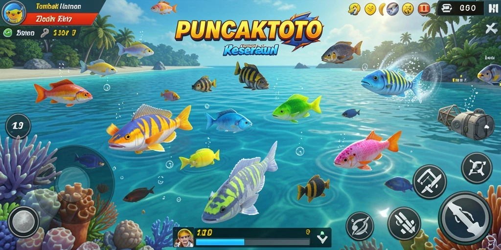 Gameplay seru PUNCAKTOTO dengan berbagai ikan dan senjata.