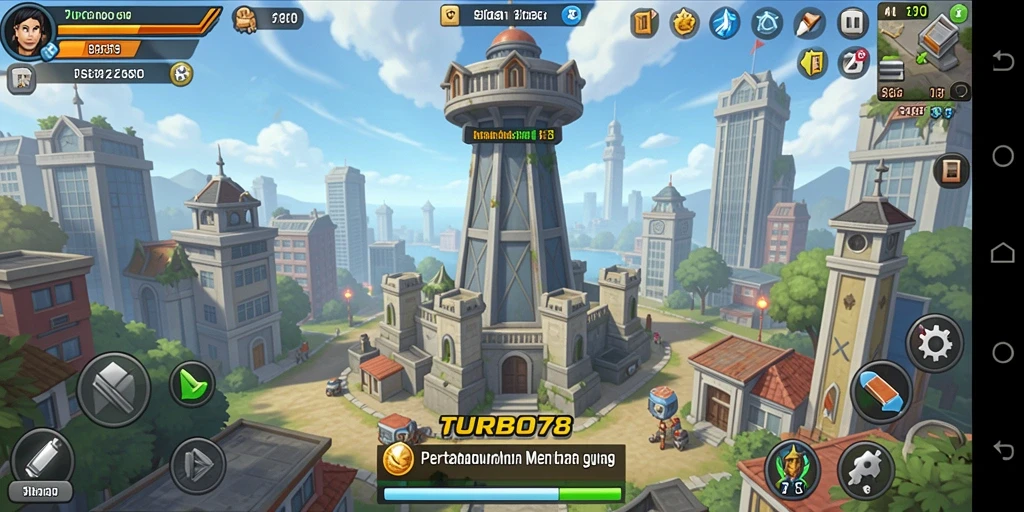 Screenshot TURBO78 menunjukkan aksi menara bertahan melawan serangan musuh yang intens.